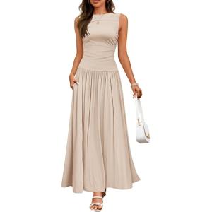 imageZESICA Womens Summer Sleeveless Maxi Dress 2025 Casual Crewneck Pleated Flowy Long Dress with PocketsSand