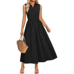 imageZESICA Womens Summer Sleeveless Work Midi Dress 2025 V Neck Casual Swing Office Dresses with PocketsBlack