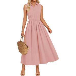 imageZESICA Womens Summer Sleeveless Work Midi Dress 2025 V Neck Casual Swing Office Dresses with PocketsGreypink