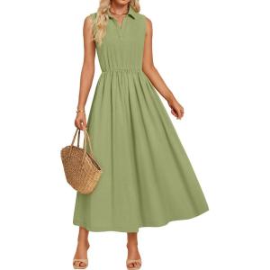imageZESICA Womens Summer Sleeveless Work Midi Dress 2025 V Neck Casual Swing Office Dresses with PocketsLightgreen