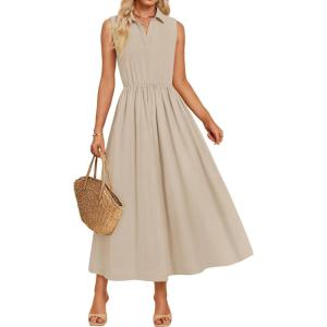 imageZESICA Womens Summer Sleeveless Work Midi Dress 2025 V Neck Casual Swing Office Dresses with PocketsLightkhaki
