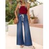 imageZESICA Womens Drawstring High Waist Jeans Loose Fit Wide Leg Straight Baggy Trendy Denim Pants with PocketsDustyblue