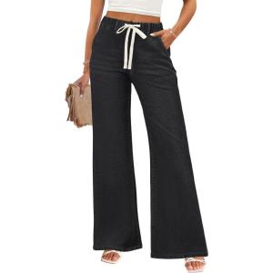 imageZESICA Womens Drawstring High Waist Jeans Loose Fit Wide Leg Straight Baggy Trendy Denim Pants with PocketsBlack