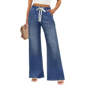 imageZESICA Womens Drawstring High Waist Jeans Loose Fit Wide Leg Straight Baggy Trendy Denim Pants with PocketsDustyblue