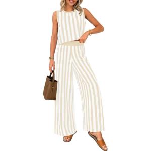 imageZESICA Womens Summer Two Piece Outfits Crop Tank Tops and Wide Leg Pants Striped Lounge Travel Sets Casual TracksuitsApricot