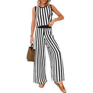 imageZESICA Womens Summer Two Piece Outfits Crop Tank Tops and Wide Leg Pants Striped Lounge Travel Sets Casual TracksuitsBlack