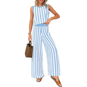 imageZESICA Womens Summer Two Piece Outfits Crop Tank Tops and Wide Leg Pants Striped Lounge Travel Sets Casual TracksuitsBlue