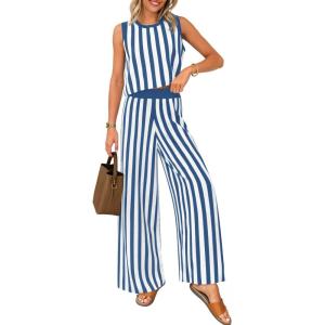 imageZESICA Womens Summer Two Piece Outfits Crop Tank Tops and Wide Leg Pants Striped Lounge Travel Sets Casual TracksuitsDustyblue