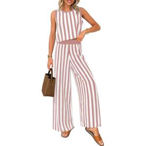 imageZESICA Womens Summer Two Piece Outfits Crop Tank Tops and Wide Leg Pants Striped Lounge Travel Sets Casual TracksuitsDustypink