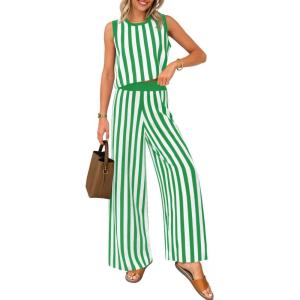 imageZESICA Womens Summer Two Piece Outfits Crop Tank Tops and Wide Leg Pants Striped Lounge Travel Sets Casual TracksuitsGreen