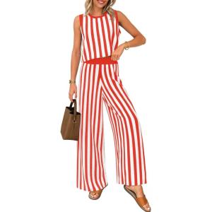 imageZESICA Womens Summer Two Piece Outfits Crop Tank Tops and Wide Leg Pants Striped Lounge Travel Sets Casual TracksuitsRust