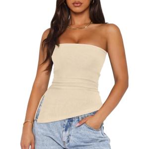 imageZESICA Womens Tube Top 2025 Summer Going Out Strapless Backless Ruched Trendy Tops Asymmetrical Bandeau Cute OutfitsApricot