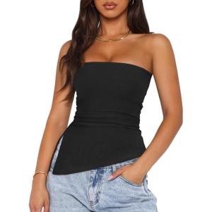 imageZESICA Womens Tube Top 2025 Summer Going Out Strapless Backless Ruched Trendy Tops Asymmetrical Bandeau Cute OutfitsBlack