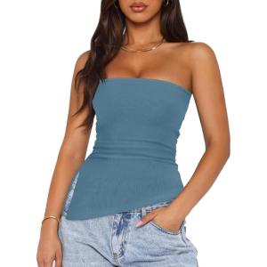 imageZESICA Womens Tube Top 2025 Summer Going Out Strapless Backless Ruched Trendy Tops Asymmetrical Bandeau Cute OutfitsDustyblue