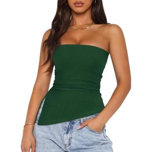 imageZESICA Womens Tube Top 2025 Summer Going Out Strapless Backless Ruched Trendy Tops Asymmetrical Bandeau Cute OutfitsForestgreen