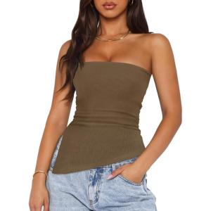 imageZESICA Womens Tube Top 2025 Summer Going Out Strapless Backless Ruched Trendy Tops Asymmetrical Bandeau Cute OutfitsMocha