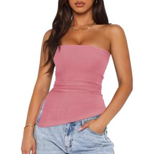 imageZESICA Womens Tube Top 2025 Summer Going Out Strapless Backless Ruched Trendy Tops Asymmetrical Bandeau Cute OutfitsPink