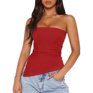 imageZESICA Womens Tube Top 2025 Summer Going Out Strapless Backless Ruched Trendy Tops Asymmetrical Bandeau Cute OutfitsRed