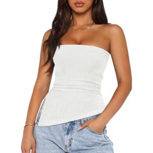 imageZESICA Womens Tube Top 2025 Summer Going Out Strapless Backless Ruched Trendy Tops Asymmetrical Bandeau Cute OutfitsWhite