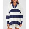 imageZESICA Womens Striped Sweaters Half Zipper Long Sleeve Ribbed Knit Loose Oversized Pullover Sweater TopsNavy