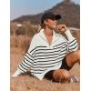 imageZESICA Womens Striped Sweaters Half Zipper Long Sleeve Ribbed Knit Loose Oversized Pullover Sweater TopsWhite