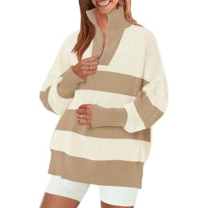 imageZESICA Womens Striped Sweaters Half Zipper Long Sleeve Ribbed Knit Loose Oversized Pullover Sweater TopsApricot