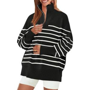imageZESICA Womens Striped Sweaters Half Zipper Long Sleeve Ribbed Knit Loose Oversized Pullover Sweater TopsBlack