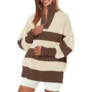 imageZESICA Womens Striped Sweaters Half Zipper Long Sleeve Ribbed Knit Loose Oversized Pullover Sweater TopsTan
