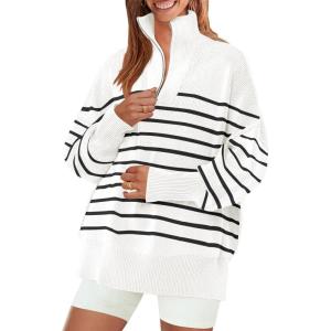 imageZESICA Womens Striped Sweaters Half Zipper Long Sleeve Ribbed Knit Loose Oversized Pullover Sweater TopsWhite