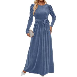 imageZESICA Womens Velvet Maxi Dress Long Puff Sleeve Crew Neck Elastic High Waist Cocktail Party Bridesmaid DressesDusty Blue