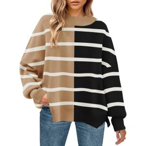 imageZESICA Womens Winter Oversized Sweaters Long Sleeve Color Block Mock Neck Side Slit Comfy Loose Knitted Pullover TopsCamel