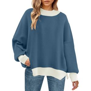 imageZESICA Womens Winter Oversized Sweaters Long Sleeve Color Block Mock Neck Side Slit Comfy Loose Knitted Pullover TopsDusty Blue