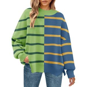 imageZESICA Womens Winter Oversized Sweaters Long Sleeve Color Block Mock Neck Side Slit Comfy Loose Knitted Pullover TopsGrass Green