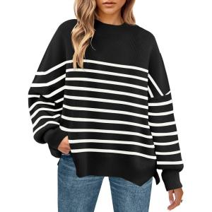 imageZESICA Womens Winter Oversized Sweaters Long Sleeve Color Block Mock Neck Side Slit Comfy Loose Knitted Pullover TopsInk