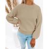 imageZESICA Womens Crew Neck Long Lantern Sleeve Casual Loose Ribbed Knit Solid Soft Pullover Sweater TopsKhaki