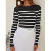 imageZESICA Womens Long Sleeve Crewneck Striped Shirts Spring Ribbed Knit Sweater Slim Fitted Casual Basic Tee TopsBlack