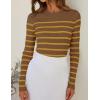 imageZESICA Womens Long Sleeve Crewneck Striped Shirts Spring Ribbed Knit Sweater Slim Fitted Casual Basic Tee TopsBrown