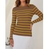 imageZESICA Womens Long Sleeve Crewneck Striped Shirts Spring Ribbed Knit Sweater Slim Fitted Casual Basic Tee TopsBrown
