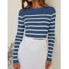 imageZESICA Womens Long Sleeve Crewneck Striped Shirts Spring Ribbed Knit Sweater Slim Fitted Casual Basic Tee TopsDarkblue