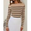 imageZESICA Womens Long Sleeve Crewneck Striped Shirts Spring Ribbed Knit Sweater Slim Fitted Casual Basic Tee TopsKhaki
