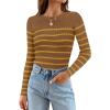 imageZESICA Womens Long Sleeve Crewneck Striped Shirts Spring Ribbed Knit Sweater Slim Fitted Casual Basic Tee TopsBrown