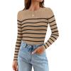 imageZESICA Womens Long Sleeve Crewneck Striped Shirts Spring Ribbed Knit Sweater Slim Fitted Casual Basic Tee TopsKhaki