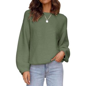 imageZESICA Womens Crew Neck Long Lantern Sleeve Casual Loose Ribbed Knit Solid Soft Pullover Sweater TopsArmygreen