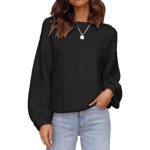 imageZESICA Womens Crew Neck Long Lantern Sleeve Casual Loose Ribbed Knit Solid Soft Pullover Sweater TopsBlack
