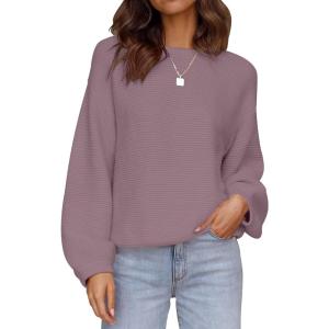imageZESICA Womens Crew Neck Long Lantern Sleeve Casual Loose Ribbed Knit Solid Soft Pullover Sweater TopsDarkviolet