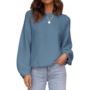 imageZESICA Womens Crew Neck Long Lantern Sleeve Casual Loose Ribbed Knit Solid Soft Pullover Sweater TopsDustyblue