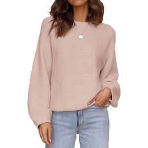 imageZESICA Womens Crew Neck Long Lantern Sleeve Casual Loose Ribbed Knit Solid Soft Pullover Sweater TopsDustypink