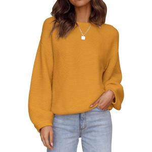 imageZESICA Womens Crew Neck Long Lantern Sleeve Casual Loose Ribbed Knit Solid Soft Pullover Sweater TopsGinger