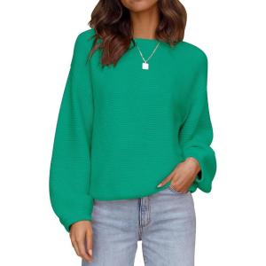 imageZESICA Womens Crew Neck Long Lantern Sleeve Casual Loose Ribbed Knit Solid Soft Pullover Sweater TopsGreen
