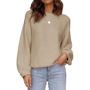 imageZESICA Womens Crew Neck Long Lantern Sleeve Casual Loose Ribbed Knit Solid Soft Pullover Sweater TopsKhaki